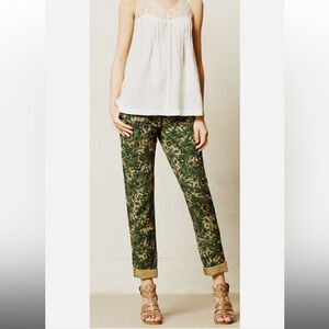 Anthropologie Green and Tan Straight-Leg Printed Pants